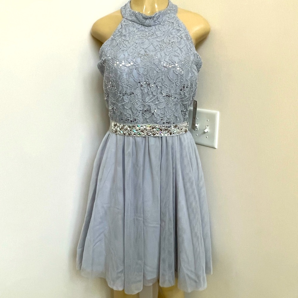 Juno silver high neck lace and tulle dress